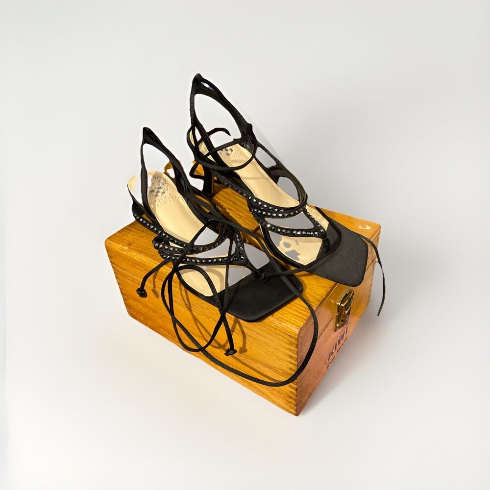 Vince Camuto Amarina Heels Size 6.5 Gladiator Straps Bling Black - Picture 2 of 9